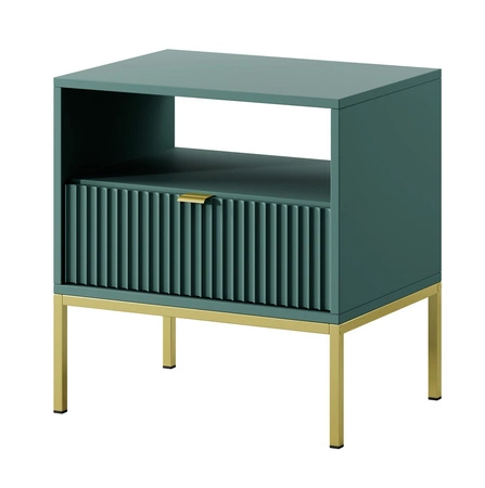 Szafka nocna z szufladą Lovro pastelowy zielony gustowny ryflowany dekor idealna szafka do sypialni złote metalowe dodatki