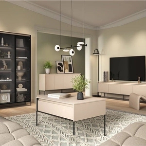 Zestaw mebli Trend beżowy nowoczesny design meble z klimatycznym oświetleniem w postaci paska led pod górnym blatem ryflowane fronty