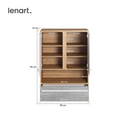 Komoda wysoka Plano 90 cm dąb nash / biały / beton nowoczesna komoda z szufladą i półką funkcjonalny układ szafki solidne wykonanie