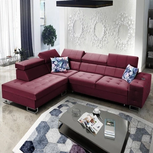 Narożnik z funkcją spania Hampton VII bordowy lewostronny narożnik do pokoju wykonany z aksamitnej tkaniny o gładkiej powierzchni