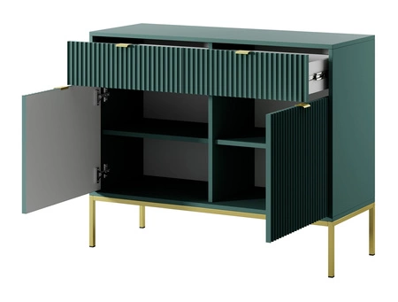 Zestaw mebli Lovro pastelowy zielony nowoczesny design meblościanka wzbogacona złotymi metalowymi dodatkami meble do salonu