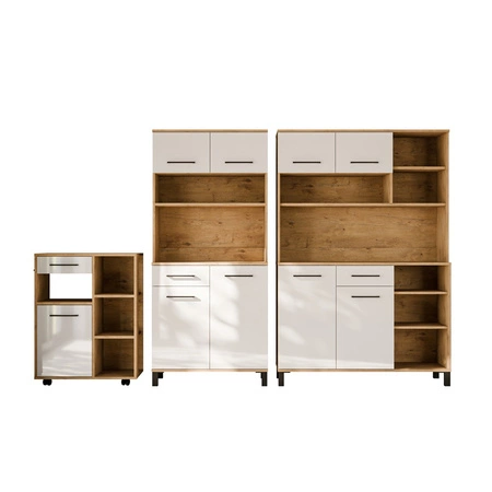 Zestaw mebli kuchennych Vento 270 cm dąb lancelot / biały połysk zestaw z szafką na kółkach idealne do aranżacji małego aneksu kuchennego