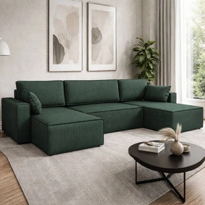 Narożnik z funkcją spania Rebenes U zielony uniwersalny narożnik trójwymiarowa tkanina o wyrazistych prążkach pojemnik na pościel