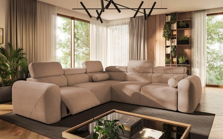 Narożnik z funkcją spania Cantare III Lux łososiowy lewostronny stylowy i komfortowy narożnik do salonu z podnoszonym podnóżkiem