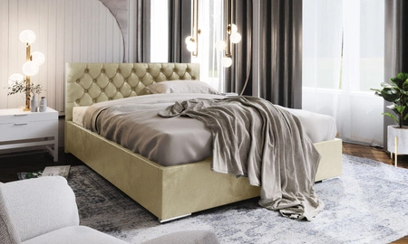 Łóżko tapicerowane Alvorada 160x200 beżowe z pojemnikiem w nowoczesnym skandynawskim stylu z pikowanym zagłówkiem