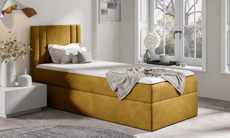 Łóżko kontynentalne Alia 80x200 musztardowe nowoczesny styl idealne łóżko do pokoju dziecięcego subtelne pionowe przeczycia na wezgłowiu