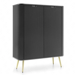 Komoda Zoya 103 cm czarna elegancki design owalny kształt bryły osadzony na złotych metalowych nogach gustowny ryflowany front