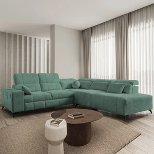 Narożnik z funkcją spania Penejos IX zielony prawostronny stylowy narożnik z pojemnikami na pościel wygodne regulowane zagłówki