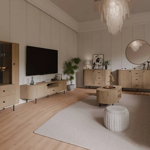 Zestaw mebli Ovalio dąb cremona stylowa meblościanka do salonu bryły o nietuzinkowym owalnym kształcie ozdobione starannymi frezami