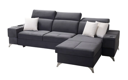 Narożnik z funkcją spania Elgin czarny prawostronny narożnik z regulowanymi zagłówkami praktyczne szuflady w boczkach mebla