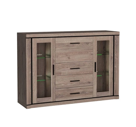 Komoda z szufladami Dallas 157 cm dąb truflowy / czarny elegancka stylistyka mebla wzbogacona o stylowe czarne dodatki przeszklone fronty