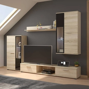 Meblościanka Senja dąb sonoma jasny nowoczesny design witryna stojąca i wisząca półki z bezpiecznego szkła hartowanego