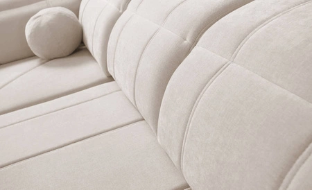 Narożnik z funkcją spania Cetara II kremowy lewostronny stylowy design przesuwane oparcia regulowane zagłówki i pojemnik na pościel