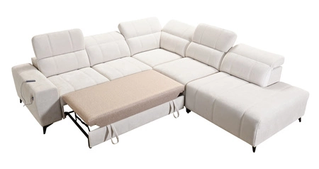 Narożnik z funkcją spania Penejos IX beżowy prawostronny stylowy narożnik z pojemnikami na pościel wygodne regulowane zagłówki