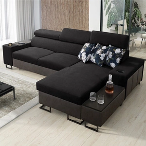 Narożnik z funkcją spania Flavio czarny / grafitowy prawostronny elegancki narożnik z dostawką otwierany barek w boczku mebla