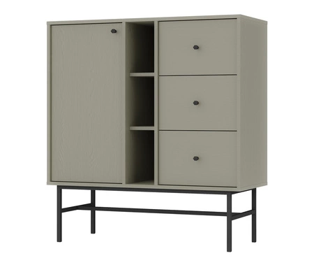 Komoda z szufladami Kioto III 100 cm eukaliptus nowoczesny design praktyczne półki czarne uchwyty stabilny metalowy stelaż