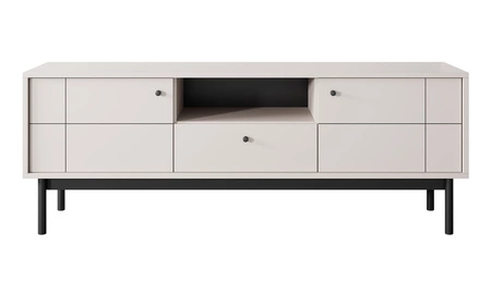 Zestaw mebli Modesta beżowy minimalistyczny design podkreślony subtelną kolorystyką ryflowane szkło hartowane wysokie drewniane nogi