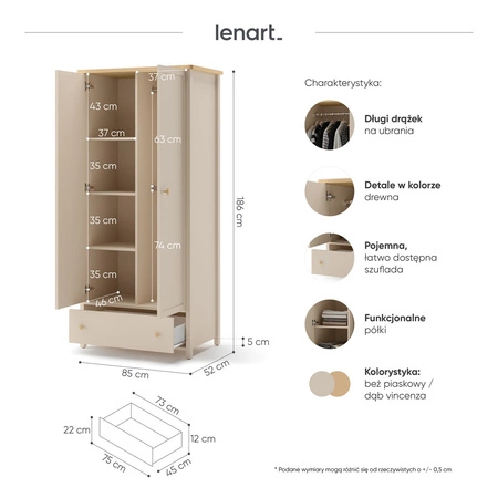 Szafa Story 85 cm beżowy / dąb vincenza bielona modna szafa do pokoju młodzieżowego wyposażona w dwa drążki na ubrania wiszące