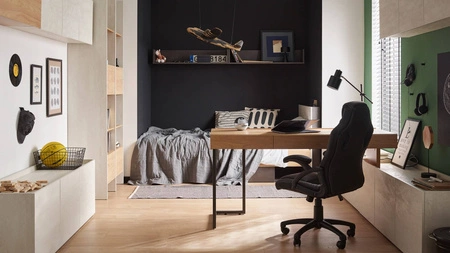 Biurko z szafką Teen Flex 244 cm / 279 cm hikora naturalna / silk flou / raw steel funkcjonalne biurko możliwość narożnego montażu