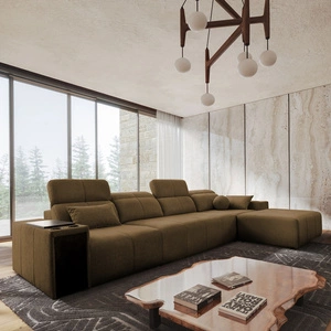 Narożnik z funkcją spania Tesalia XII brązowy prawostronny nowoczesny design komfortowe przesuwane oparcie szuflada w boczku mebla