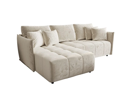 Narożnik z funkcją spania Oroso beżowy lewostronny miękka tkanina typu velvet z powłoką hydrofobową pojemnik na pościel