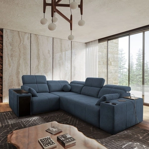 Narożnik z funkcją spania Tesalia II niebieski lewostronny komfortowy narożnik do salonu z przesuwanym oparciem pojemnik na pościel