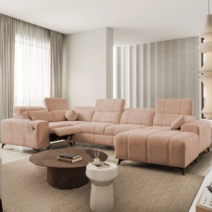 Narożnik z funkcją spania Penejos IV Lux łososiowy prawostronny stylowy narożnik rozkładany z komfortowym wysuwanym podnóżkiem