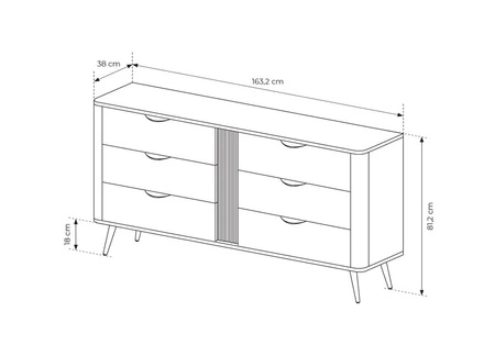 Komoda z szufladami Veris 163 cm dąb dunin / czarny oryginalny design komoda wsparta na wysokich metalowych nogach zaoblony kształt