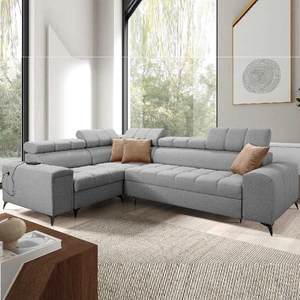 Narożnik z funkcją spania Bolmso II szary lewostronny narożnik z pojemnikiem na pościel szuflada z pełnym wysuwem w boczku mebla