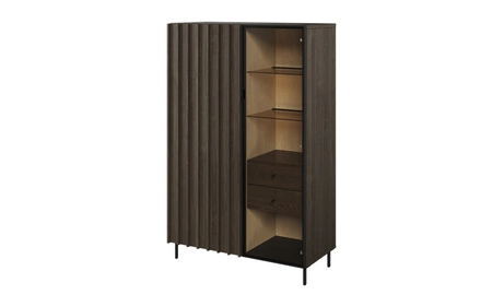 Witryna niska Piemonte 73 cm jesion portland / czarny nowoczesna witryna szklana do salonu z szufladami stabilna metalowa podstawa