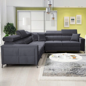 Narożnik z funkcją spania Nausa IV grafitowy lewostronny velvet dekoracyjne przeszycia na siedzisku narożnik z pojemnikami na pościel