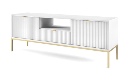 Szafka RTV Lovro 154 cm biała nowoczesny design zachwyci miłośników wyrazistych wnętrz złote metalowe dodatki