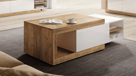 Stolik kawowy Sintra 120 cm / 153 cm dąb samdal / biały połysk oryginalna konstrukcja stolik z możliwością regulacji szerokości