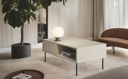 Stolik kawowy Epiro beżowy stylowy design stolik z szufladami osadzony na stabilnej metalowej podstawie praktyczna konstrukcja