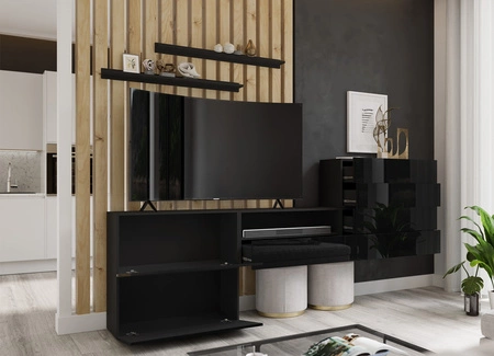 Meblościanka Agria czarna / czarny połysk niezwykły design praktyczne rozwiązanie idealne do każdego salonu optycznie powiększa wnętrze