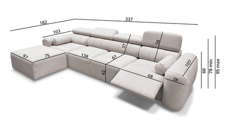 Narożnik z funkcją spania Cantare XII Lux szary popiel lewostronny estetyczny i niezwykle komfortowy narożnik z podnoszonym podnóżkiem