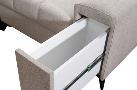 Narożnik z funkcją spania Bolmso zielony lewostronny narożnik z dwoma pojemnikami na pościel praktyczna szuflada w boczku mebla