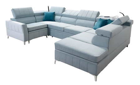 Narożnik z funkcją spania Rava V żółty prawostronny komfortowy narożnik z pojemnikami na pościel oraz wielofunkcyjną lampką