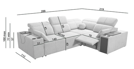 Narożnik z funkcją spania Tesalia II Lux niebieski prawostronny wygodny narożnik z przesuwanym oparciem oraz wysuwanym podnóżkiem