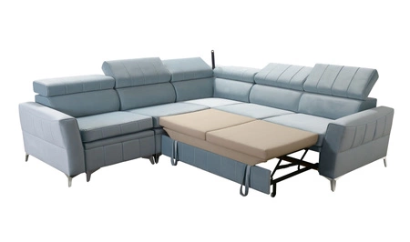 Narożnik z funkcją spania Rava IV jasny beż lewostronny velvet komfort podczas codziennego wypoczynku pojemnik na pościel