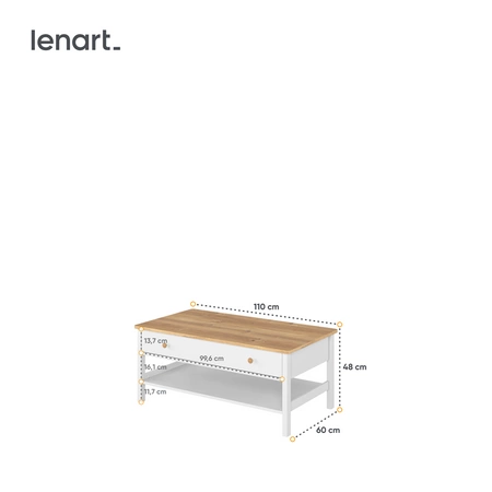 Stolik kawowy Story 110 cm biały / dąb nash praktyczny stolik z dodatkową półką i głęboką szufladą do pokoju młodzieżowego