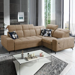 Narożnik z funkcją spania Buffalo II ciemny beżowy prawostronny funkcjonalny i stylowy narożnik rozkładany z regulowanymi zagłówkami