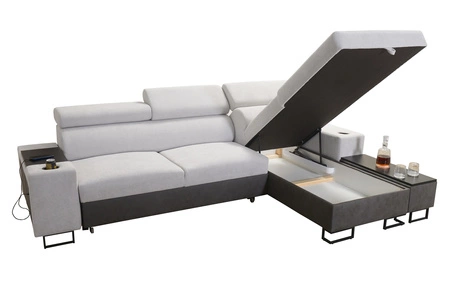 Narożnik z funkcją spania Flavio grafitowy prawostronny komfortowy elegancki narożnik z dostawką otwierany barek w boczku mebla