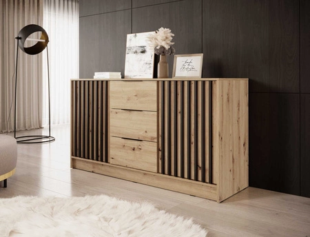 Komoda z szufladami Aspen 155 cm dąb artisan / czarne lamele nowoczesny design mebla drzwi komody ozdobione lamelami