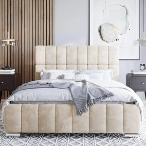 Łóżko tapicerowane Amby 160x200 beżowe stylowe łóżko z pojemnikiem na pościel wygodny zagłówek zachwyca eleganckim designem