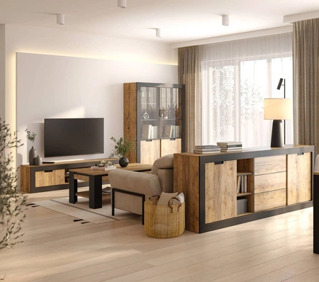 Zestaw mebli do salonu Tudor dąb samdal / czarny stylowe meble o ciekawym designie z drzwiami przesuwnymi meblościanka do salonu