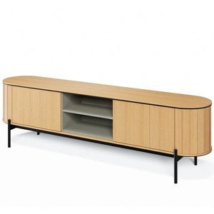 Szafka RTV Rotto 200 cm dąb vincenza stylowa szafka pod telewizor w modnym stylu zaoblone krawędzie kontrastujące czarne dodatki