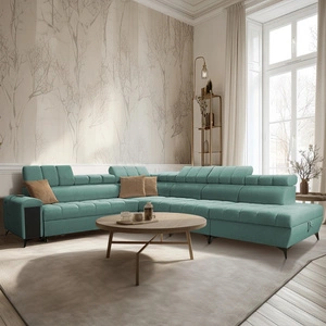 Narożnik z funkcją spania Bolmso XII miętowy prawostronny nowoczesny design narożnik zapewnia komfort obszerne pojemniki na pościel