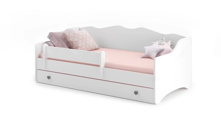 Łóżko Emily 80x160 cm białe dziecięce łóżko z materacem barierka ochronna szuflada z szarymi uchwytami w kształcie serca