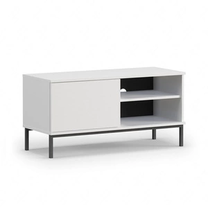 Szafka RTV Tutti 100 cm biała prosta forma szafki osadzona na metalowej podstawie w kolorze czarnym elegancka stylistyka